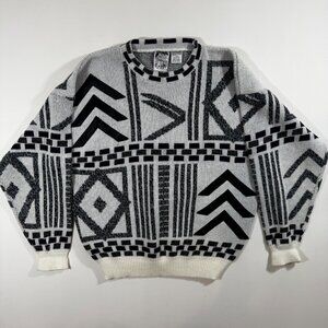 Vintage Geometric Knit Sweater White Black Purple Leather L 90s Y2K Grandpacore